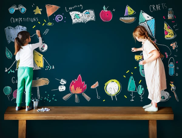 Girls Drawing on Chalkboard